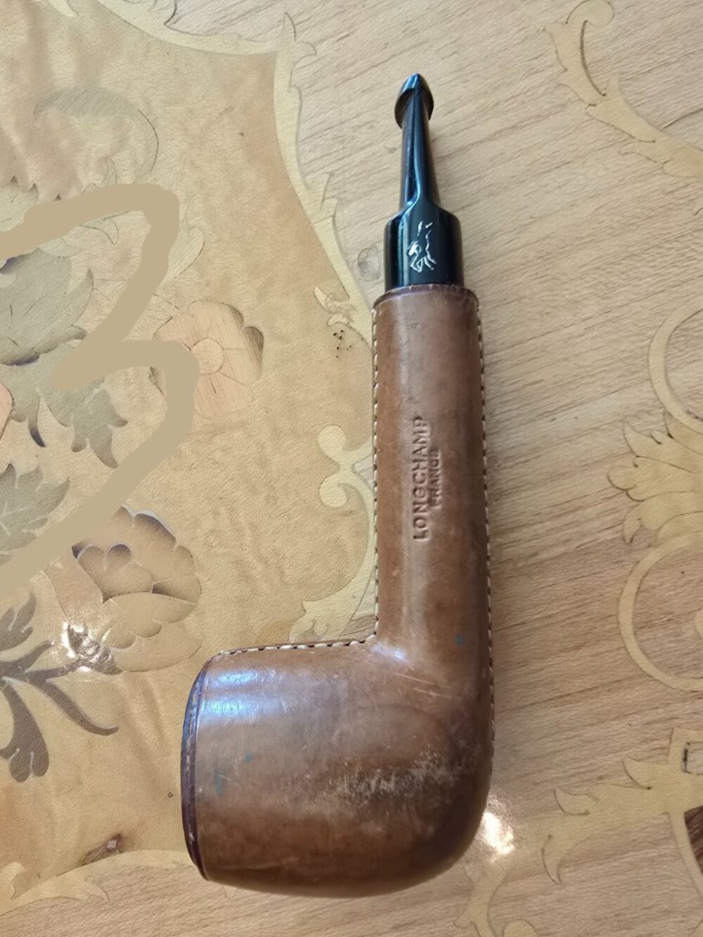 Longchamp France - Vintage Smoking Pipe, Leather‑Wrapped Briar, Collectible
